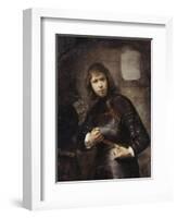 A Soldier, Standing Three-Quarter Length, Buckling His Belt-Willem Drost-Framed Giclee Print