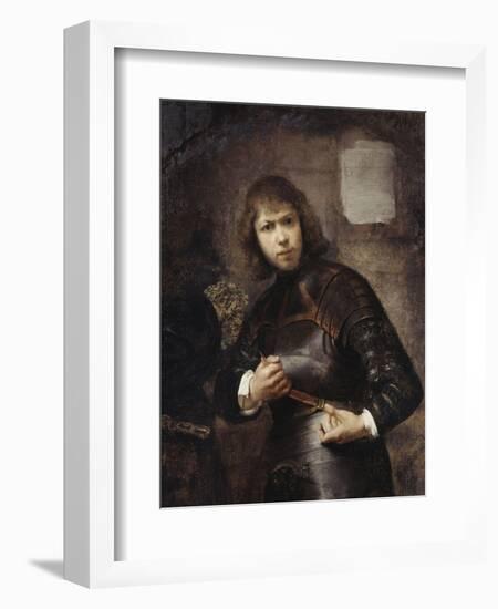 A Soldier, Standing Three-Quarter Length, Buckling His Belt-Willem Drost-Framed Giclee Print