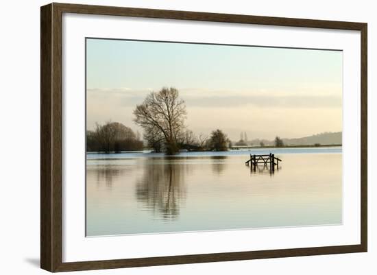 A Solitary Gate in Calm Flood-Waters in Farmland on West Sedgemoor, Near Stoke St Gregory-John Waters-Framed Photographic Print