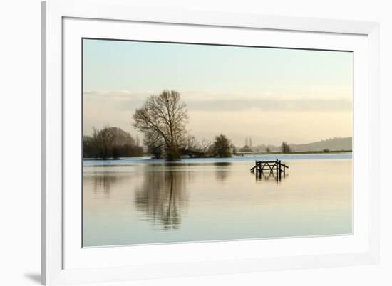 A Solitary Gate in Calm Flood-Waters in Farmland on West Sedgemoor, Near Stoke St Gregory-John Waters-Framed Photographic Print