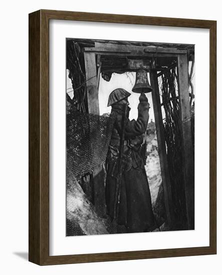 A South African Gas Alarm-Post Trench Sentry: Striking the Bell to Give Warning-null-Framed Giclee Print