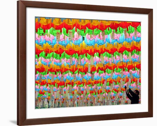 A South Korean Worker Decorates Lanterns to Celebrate Buddha's Upcoming Birthday-null-Framed Photographic Print