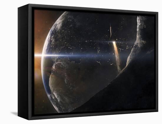 A Space Shuttle Flying Over An Asteroid That Is Passing Close To Earth-Stocktrek Images-Framed Stretched Canvas