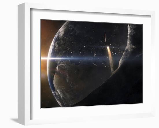 A Space Shuttle Flying Over An Asteroid That Is Passing Close To Earth-Stocktrek Images-Framed Photographic Print