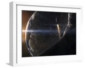 A Space Shuttle Flying Over An Asteroid That Is Passing Close To Earth-Stocktrek Images-Framed Photographic Print