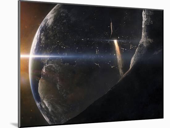 A Space Shuttle Flying Over An Asteroid That Is Passing Close To Earth-Stocktrek Images-Mounted Photographic Print
