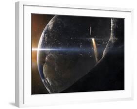 A Space Shuttle Flying Over An Asteroid That Is Passing Close To Earth-Stocktrek Images-Framed Photographic Print