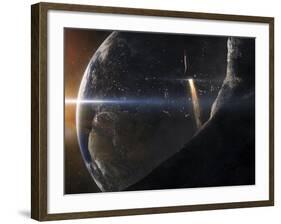 A Space Shuttle Flying Over An Asteroid That Is Passing Close To Earth-Stocktrek Images-Framed Photographic Print