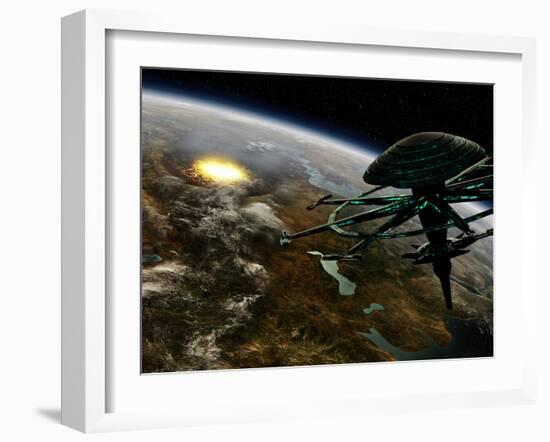 A Space Station Orbits a Terrestrial Planet That Has Been Hit by an Asteroid-Stocktrek Images-Framed Photographic Print