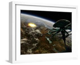 A Space Station Orbits a Terrestrial Planet That Has Been Hit by an Asteroid-Stocktrek Images-Framed Photographic Print