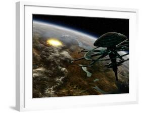 A Space Station Orbits a Terrestrial Planet That Has Been Hit by an Asteroid-Stocktrek Images-Framed Photographic Print