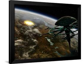 A Space Station Orbits a Terrestrial Planet That Has Been Hit by an Asteroid-Stocktrek Images-Framed Photographic Print