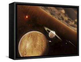 A Spacecraft Beams Through a Small Cluster of Planets Rich in Ores and Minerals-Stocktrek Images-Framed Stretched Canvas