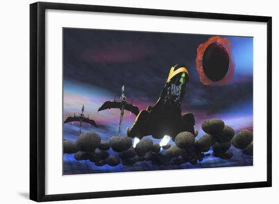 A Spacecraft Passes an Asteroid Field as He Tries to Evade Enemy Ships-Stocktrek Images-Framed Art Print