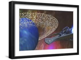 A Spacecraft Passes by a Blue Planet with a Ring of Asteroids-null-Framed Art Print