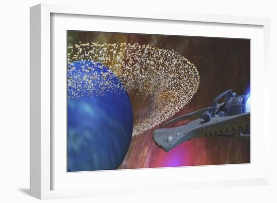 A Spacecraft Passes by a Blue Planet with a Ring of Asteroids-null-Framed Art Print
