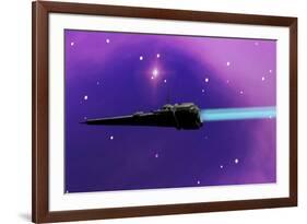 A Spaceship Blazes its Way Through Space with Ion Propulsion-null-Framed Art Print