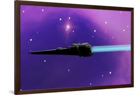 A Spaceship Blazes its Way Through Space with Ion Propulsion-null-Framed Art Print