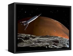 A Spaceship in Orbit over Mars Moon, Phobos, with the Red Planet Mars in the Background-null-Framed Stretched Canvas