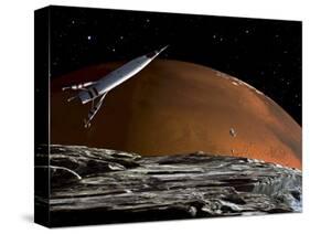 A Spaceship in Orbit over Mars Moon, Phobos, with the Red Planet Mars in the Background-null-Stretched Canvas