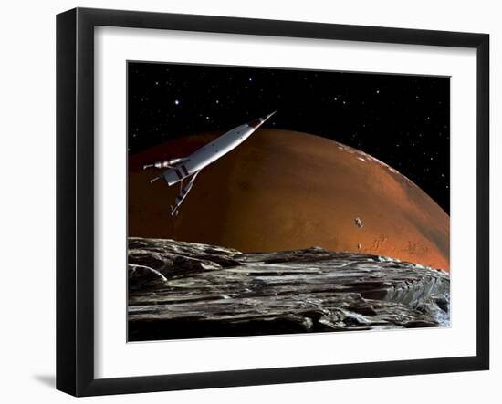 A Spaceship in Orbit over Mars Moon, Phobos, with the Red Planet Mars in the Background-null-Framed Premium Photographic Print