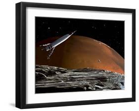 A Spaceship in Orbit over Mars Moon, Phobos, with the Red Planet Mars in the Background-null-Framed Premium Photographic Print