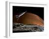 A Spaceship in Orbit over Mars Moon, Phobos, with the Red Planet Mars in the Background-null-Framed Premium Photographic Print