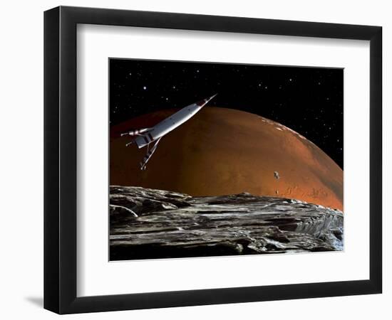 A Spaceship in Orbit over Mars Moon, Phobos, with the Red Planet Mars in the Background-null-Framed Photographic Print