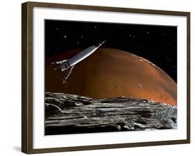 A Spaceship in Orbit over Mars Moon, Phobos, with the Red Planet Mars in the Background-null-Framed Photographic Print