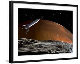 A Spaceship in Orbit over Mars Moon, Phobos, with the Red Planet Mars in the Background-null-Framed Photographic Print