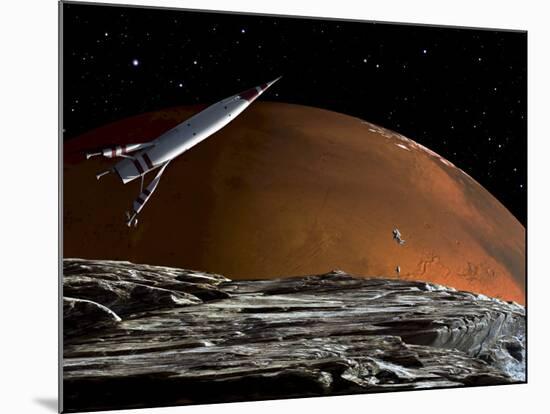 A Spaceship in Orbit over Mars Moon, Phobos, with the Red Planet Mars in the Background-null-Mounted Photographic Print