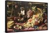 A Spilled Basket of Fruits on a Draped Table with Monkeys-Frans Snyders-Framed Stretched Canvas