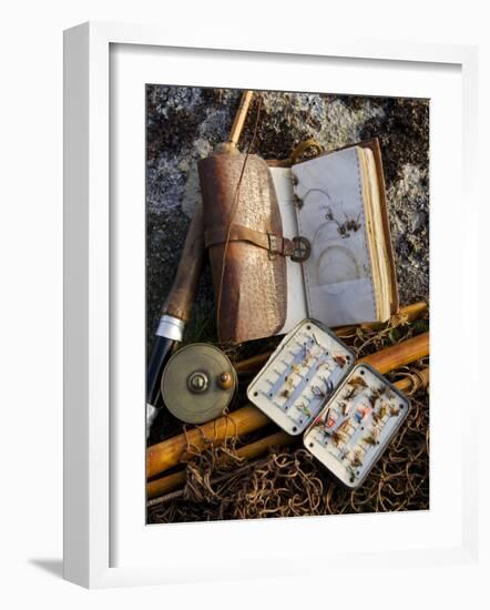 A Split-Cane Fly Rod and Traditional Fly-Fishing Equipment Beside a Trout Lake in North Wales, UK-John Warburton-lee-Framed Photographic Print