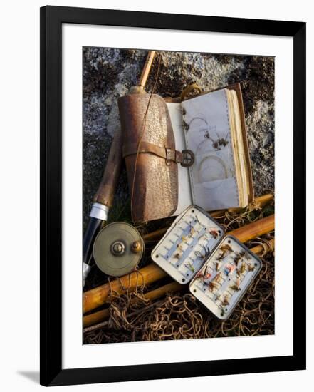 A Split-Cane Fly Rod and Traditional Fly-Fishing Equipment Beside a Trout Lake in North Wales, UK-John Warburton-lee-Framed Photographic Print