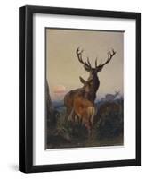 A Stag with Deer in a Wooded Landscape at Sunset-Carl Friedrich Deiker-Framed Giclee Print