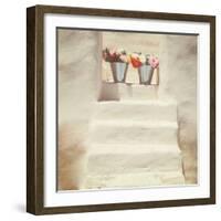 A Staircase of a Greek, White House with Two Bunches of Flowers-Joana Kruse-Framed Photographic Print