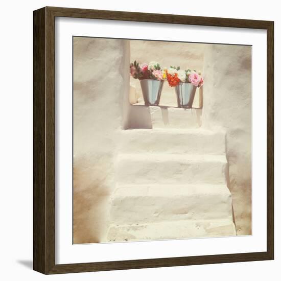 A Staircase of a Greek, White House with Two Bunches of Flowers-Joana Kruse-Framed Photographic Print