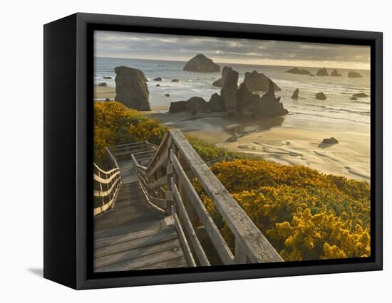 A Stairway Leads to the Beach in Bandon, Oregon, USA-William Sutton-Framed Stretched Canvas