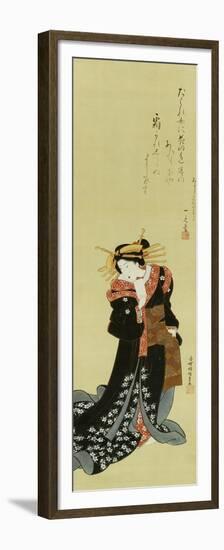 A Standing Courtesan in a Black Kimono Scattered with White Flowerheads Holding a Wad of Paper-Utagawa Kunisada-Framed Premium Giclee Print