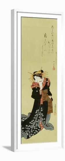 A Standing Courtesan in a Black Kimono Scattered with White Flowerheads Holding a Wad of Paper-Utagawa Kunisada-Framed Premium Giclee Print