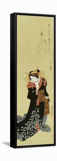 A Standing Courtesan in a Black Kimono Scattered with White Flowerheads Holding a Wad of Paper-Utagawa Kunisada-Framed Stretched Canvas