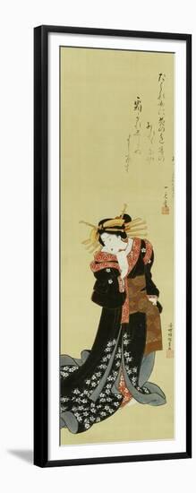 A Standing Courtesan in a Black Kimono Scattered with White Flowerheads Holding a Wad of Paper-Utagawa Kunisada-Framed Giclee Print