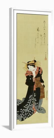 A Standing Courtesan in a Black Kimono Scattered with White Flowerheads Holding a Wad of Paper-Utagawa Kunisada-Framed Giclee Print