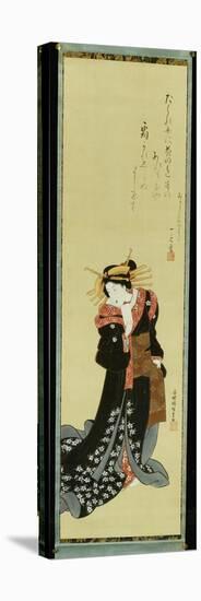 A Standing Courtesan in a Black Kimono with White Flowerheads Holding a Wad of Paper-Utagawa Kunisada-Stretched Canvas