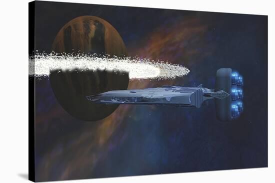 A Starship Passes by a Planet with a Ring of Asteroids-null-Stretched Canvas