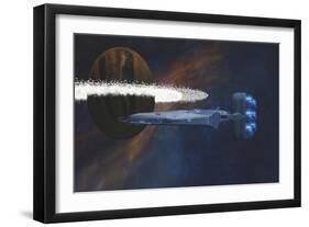 A Starship Passes by a Planet with a Ring of Asteroids-null-Framed Art Print