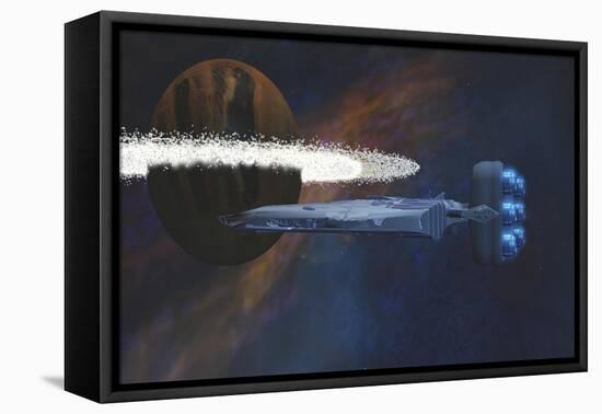 A Starship Passes by a Planet with a Ring of Asteroids-null-Framed Stretched Canvas