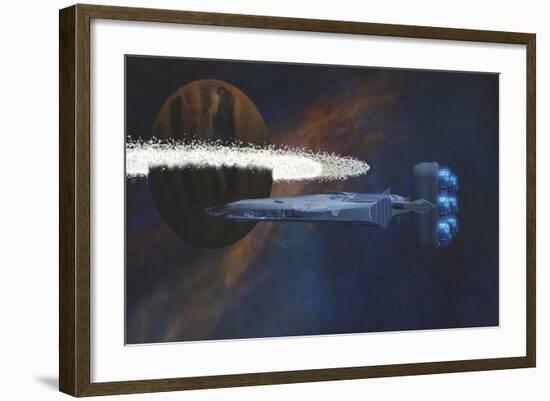 A Starship Passes by a Planet with a Ring of Asteroids-null-Framed Art Print