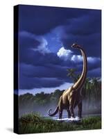 A Startled Brachiosaurus Splashes Through a Swamp Against a Stormy Sky-null-Stretched Canvas