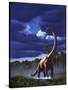 A Startled Brachiosaurus Splashes Through a Swamp Against a Stormy Sky-null-Stretched Canvas